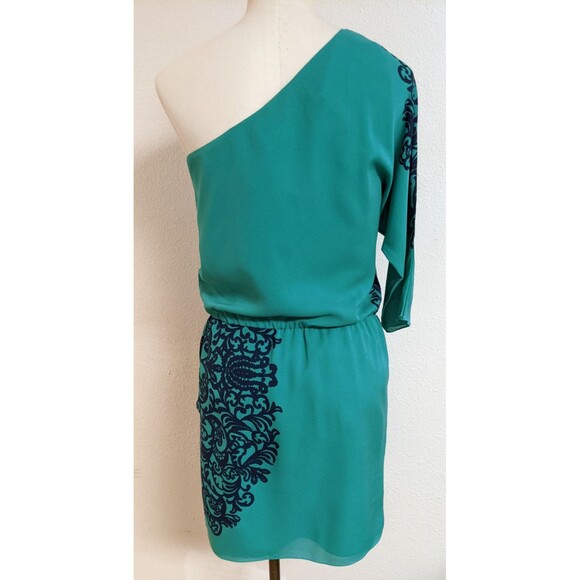NWT~TIBI 100% Silk Teal Green w/Blue Design One-Shoulder Party Occasion Dress  4 - Picture 4 of 11
